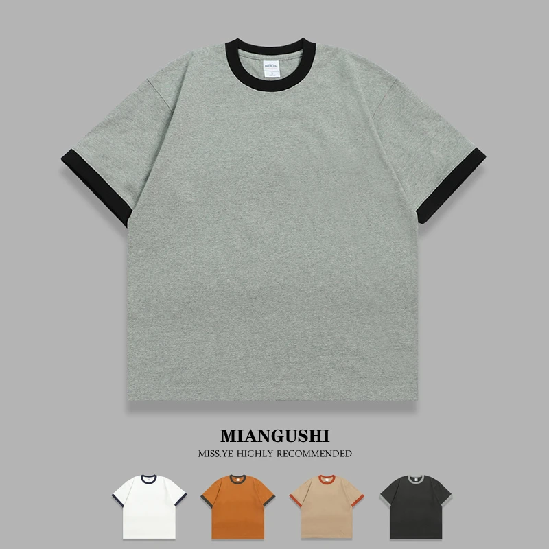300g纯棉做旧牛仔风重磅简约撞色螺纹拼接圆领宽松男女短袖T恤