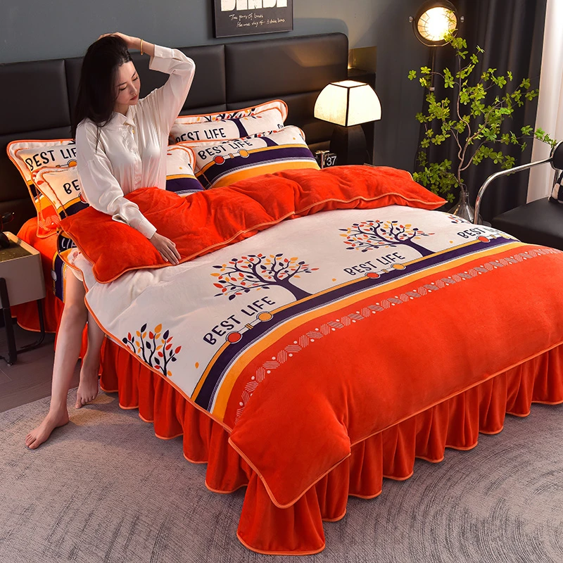 8斤--冬季加厚牛奶绒四件套珊瑚绒保暖被套花边床单被罩加绒毛绒