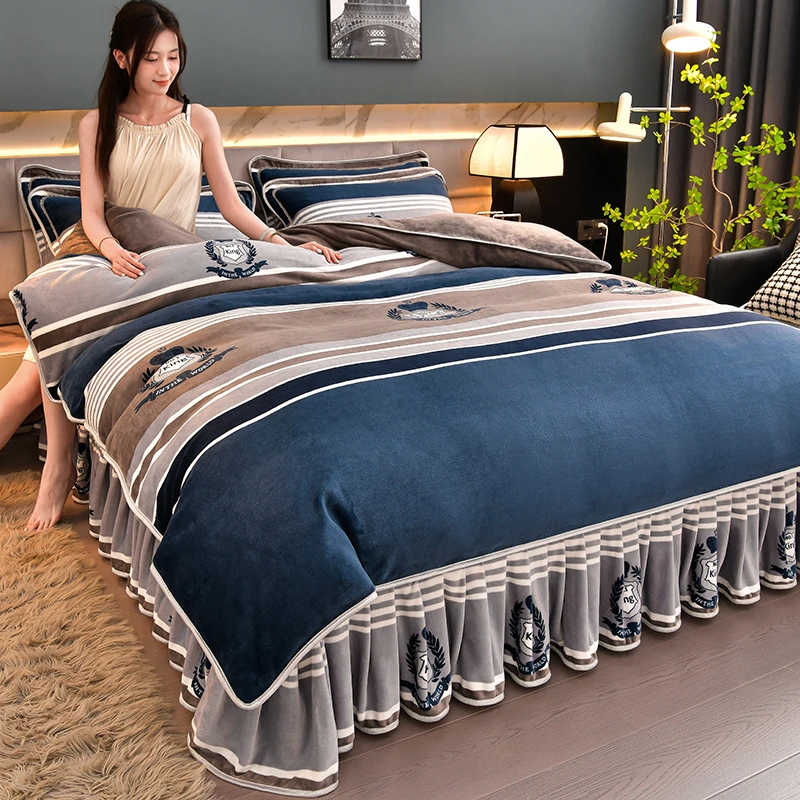 8斤--冬季加厚牛奶绒四件套珊瑚绒保暖被套花边床单加绒被罩