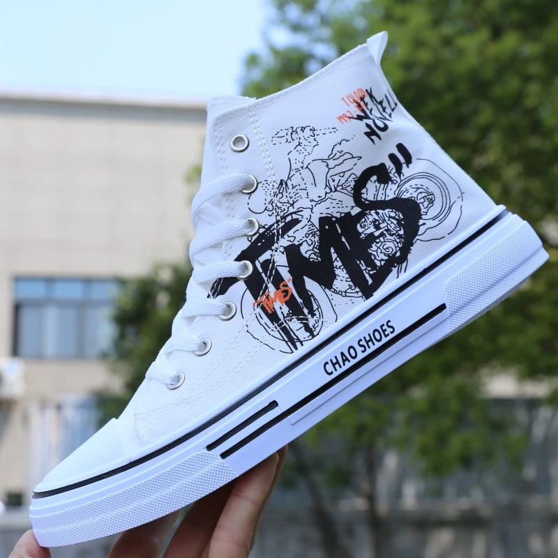 帆布鞋男鞋秋季透气高帮潮流休闲涂鸦板鞋男运动软底白色布鞋潮鞋