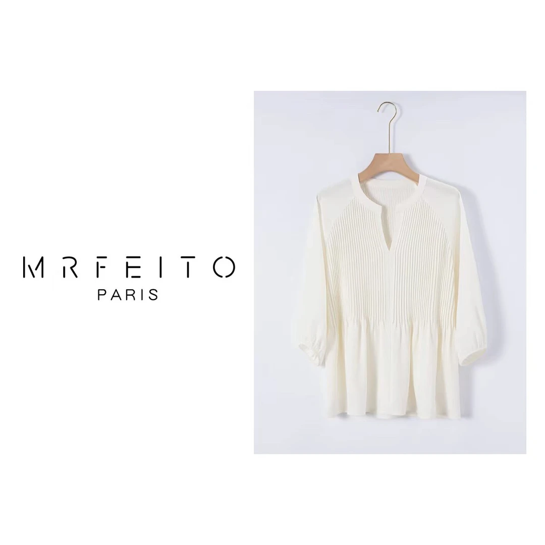 MRFEITO“大道至简”皱褶V领女装上衣H87SY18011