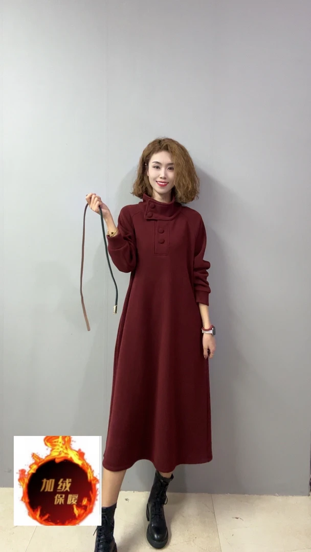 8457[品尚] 秋冬季新款加绒高领显瘦气质洋气长款纯色时尚连衣裙