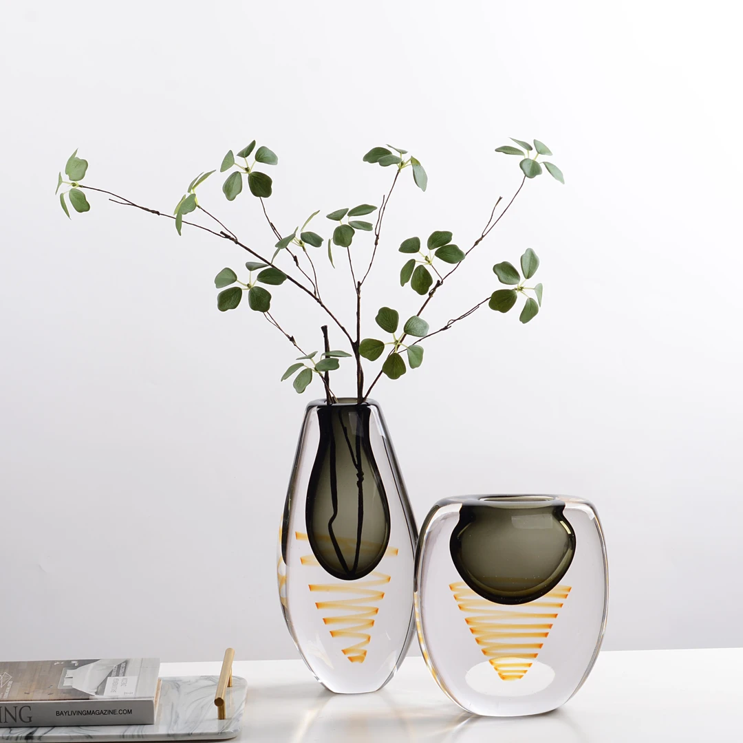 【品一轩家居】限定款透明黑咖色丝带花器水晶琉璃手作艺术花瓶