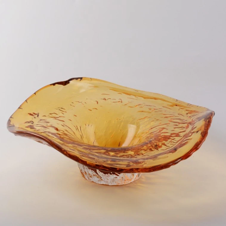 【品一轩家居】限定款茶金色冰川纹荷叶果盘纯手工水晶琉璃