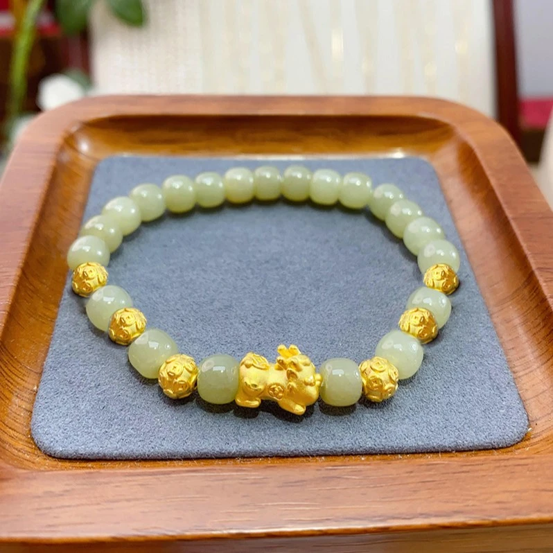 足金999 貔貅宝宝配6颗金钱珠卡6手串5D硬金手链气质玉手串女手链