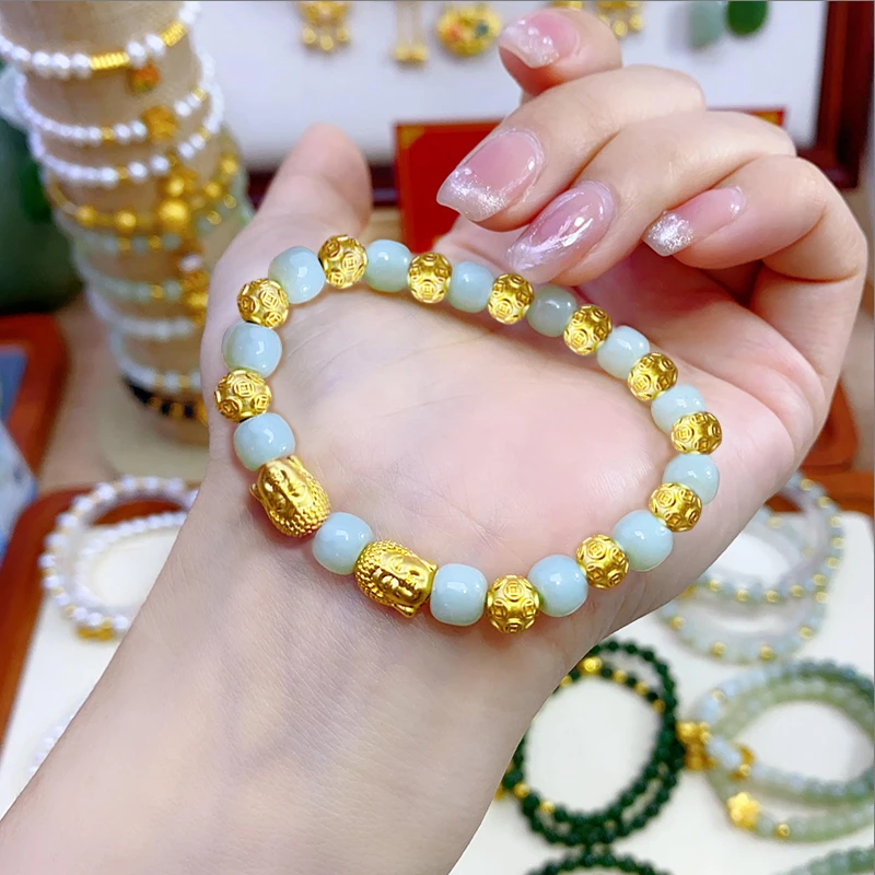 足金999佛头手串女款卡6金钱珠手链百搭时尚轻奢首饰5D硬金工艺