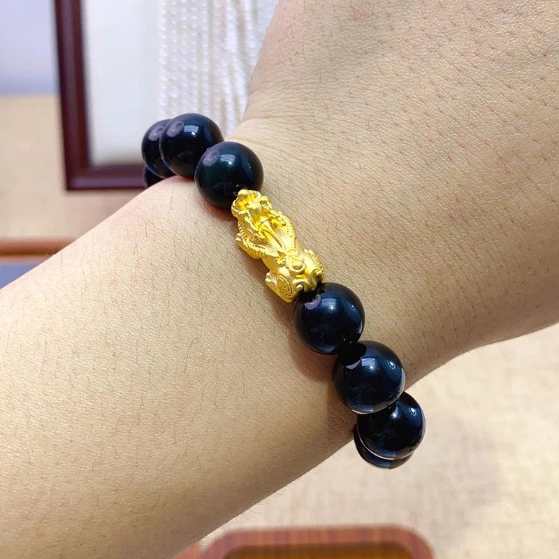 足金999貔貅转运珠黑曜石男士手串龙晶十胜石手链【多样性发货】