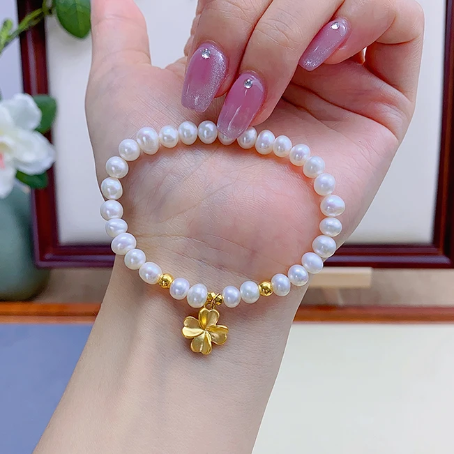 足金999四叶草天然淡水珍珠手串配饰手链气质百搭时尚女性款式