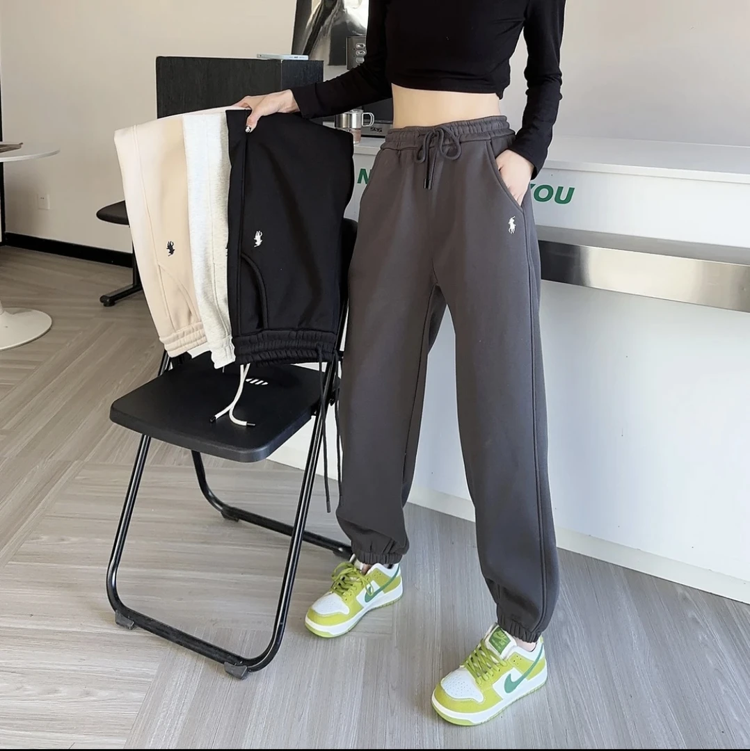 冬季保暖小马刺绣加绒卫裤加厚休闲运动保暖百搭显瘦女裤