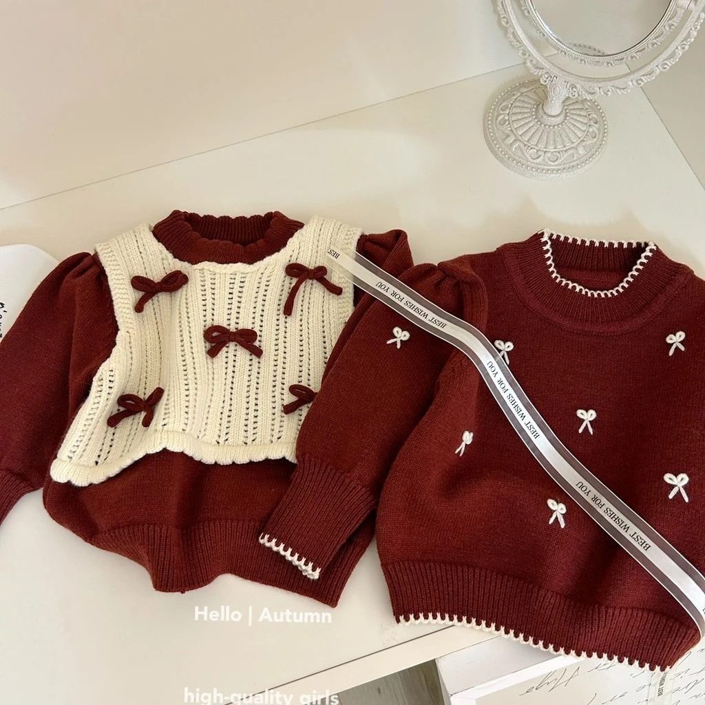 【萌娃穿搭】女童毛衣秋冬加厚新款套头蝴蝶结针织衫假两件洋气衣