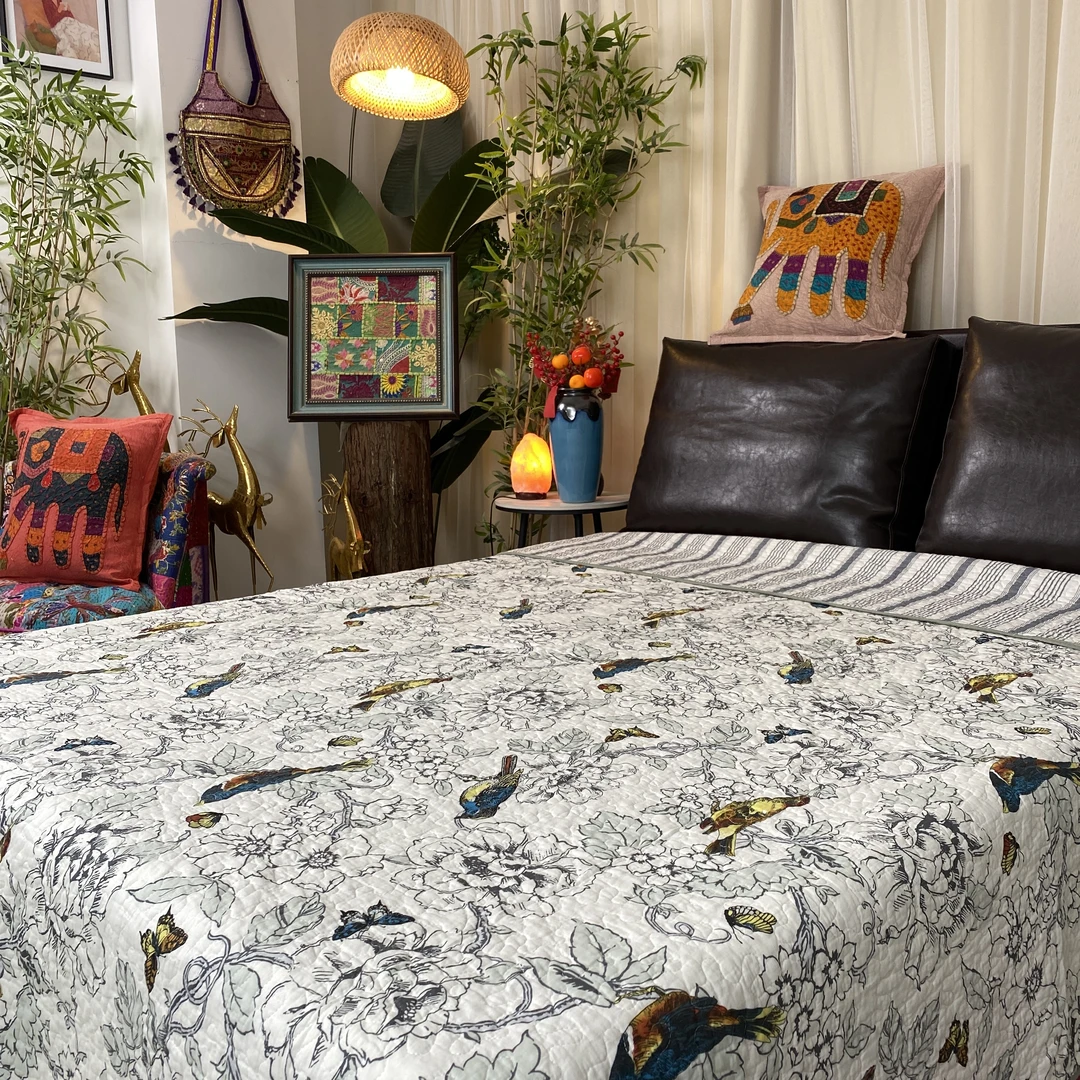 【鸟语花香-蓝】绗缝棉床盖被子多功能双面四季可用230*250