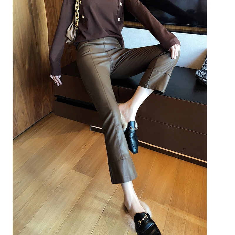九分皮裤咖色皮裤女2023秋冬新款松紧腰九分裤外穿微喇叭皮裤显瘦