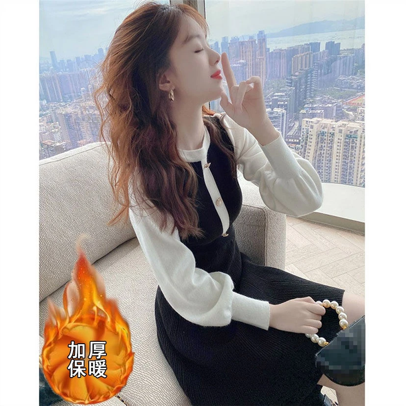 小个子针织连衣裙撞色毛衣2025新款秋冬打底加厚内搭秋季连衣裙