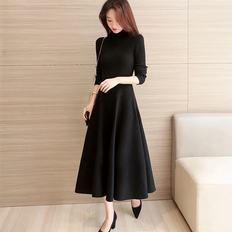 法式高领针织打底毛衣裙长裙黑色内搭连衣裙女秋冬中长款裙子收腰
