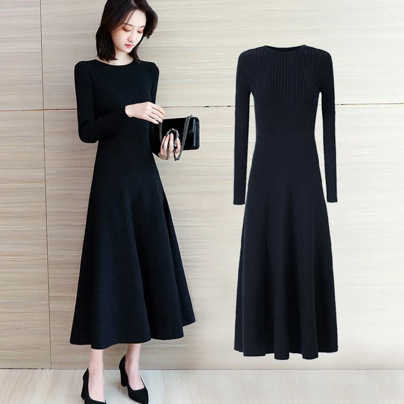 黑色针织连衣裙2024秋冬长款过膝毛衣裙气质冬装配大衣的内搭裙子