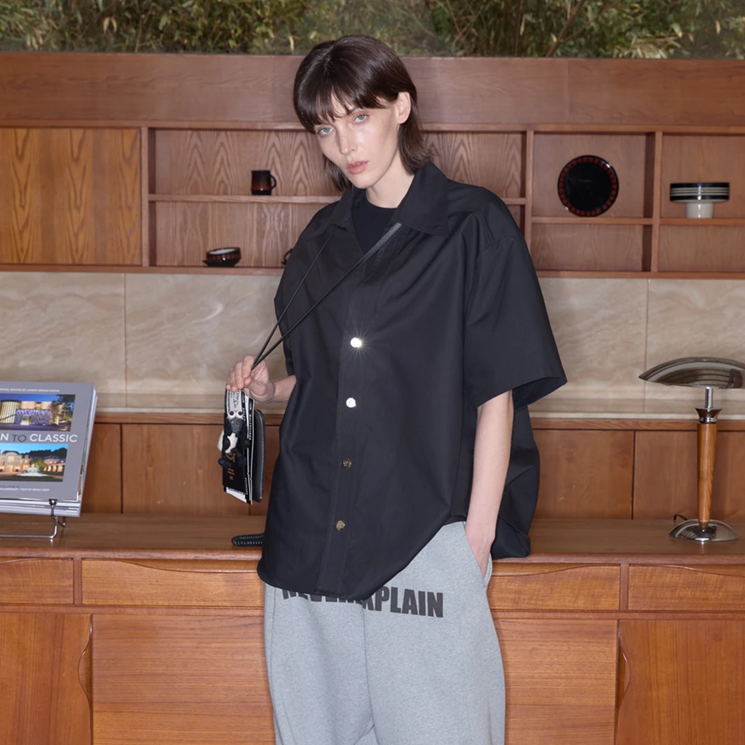 CasseSango×ANTERIOR LOVED宽肩质感v领春夏宽松休闲短袖衬衫