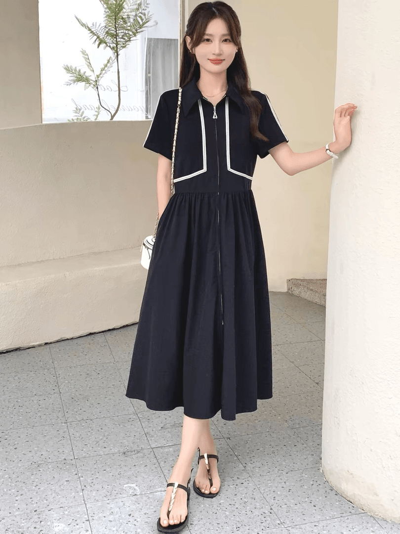 659黑色休闲长款拉链式连衣裙女夏时尚小众设计高级感裙子