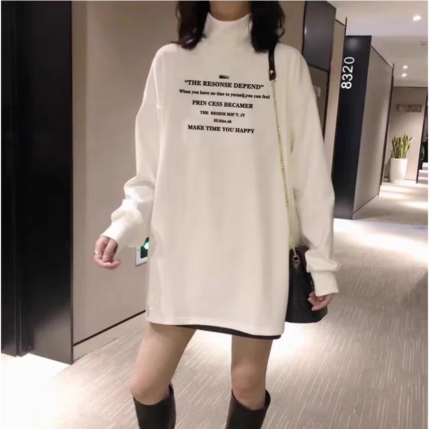 [全国包邮]589 半高领磨毛长袖T恤女秋冬内搭加厚宽松中长款上衣