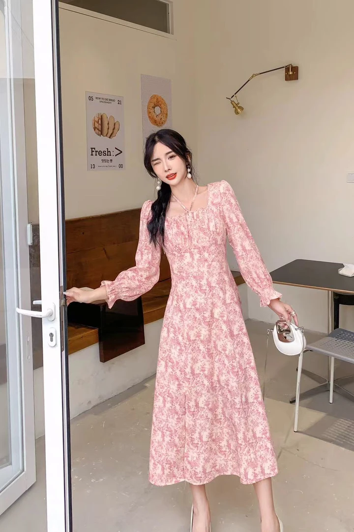 美美推荐824009方领系带碎花连衣裙春秋季长袖收腰中长款气质裙子