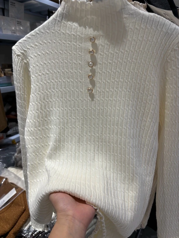 （大爷家）0108 珍珠扣半高领毛衣针织女长袖麻花毛衣