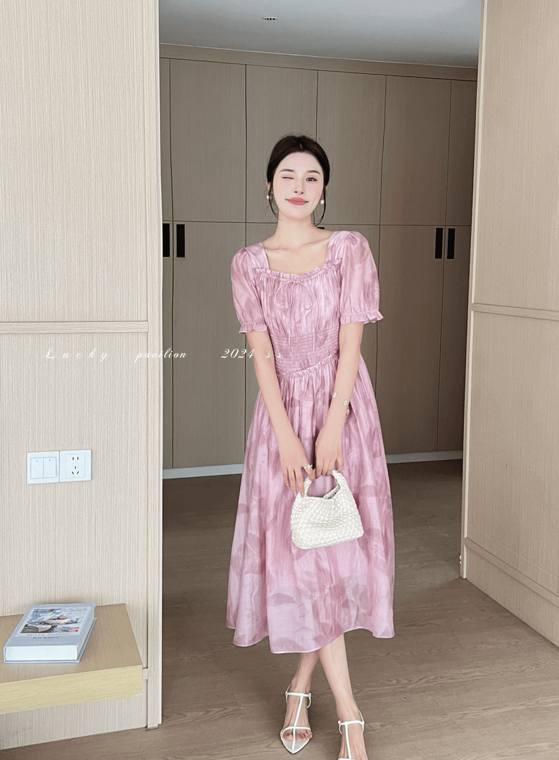 美美推荐08173 法式碎花连衣裙夏气质收腰显瘦提花泡泡袖长裙