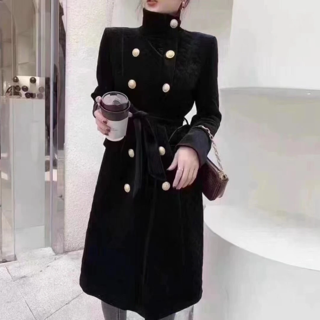 盼起美22 OVWII经典轻奢法式菱形格立领丝绒外套（XH232) 中长款