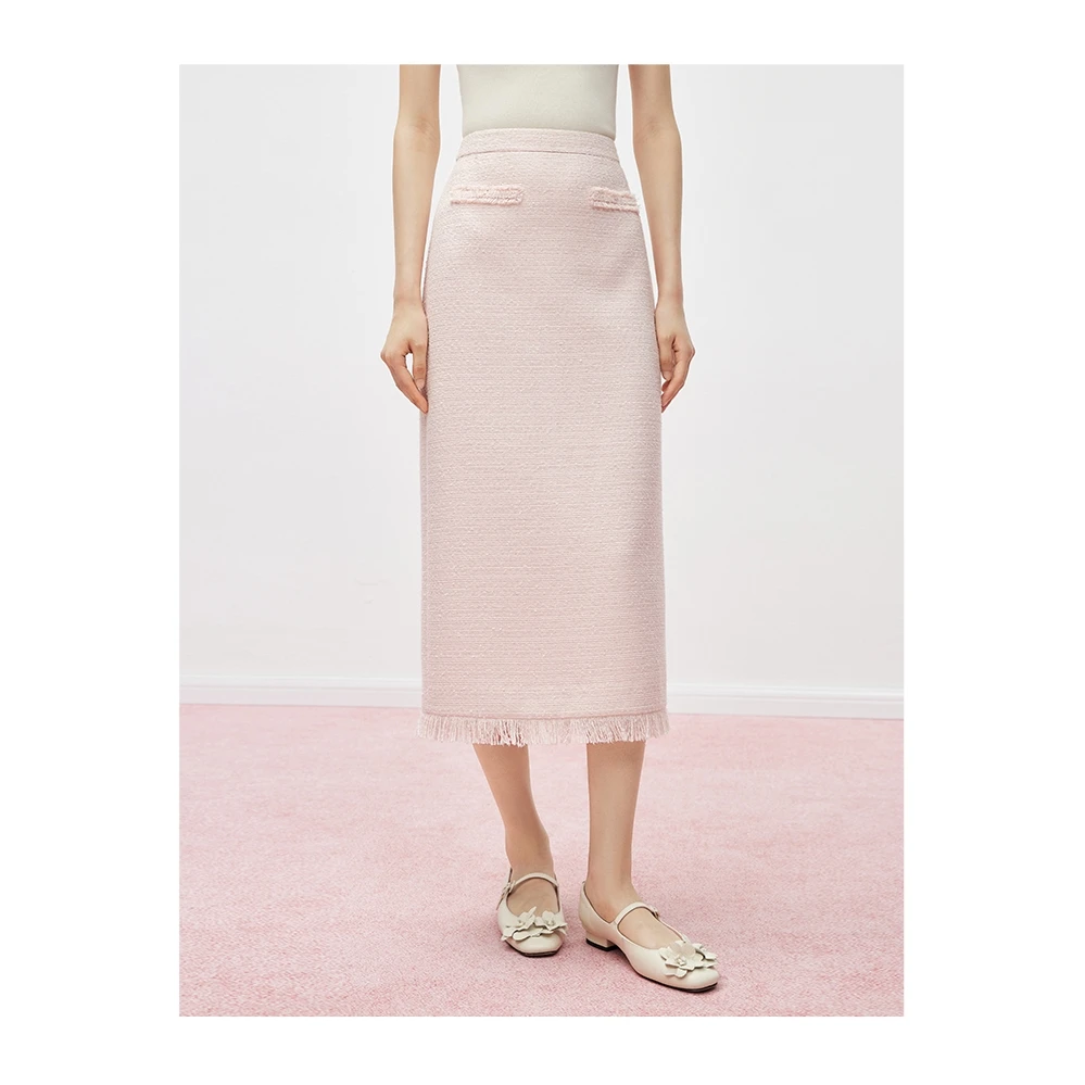 【MandyZhang】法式设计感流苏粉色小香风半身裙女春秋季气质长款裙