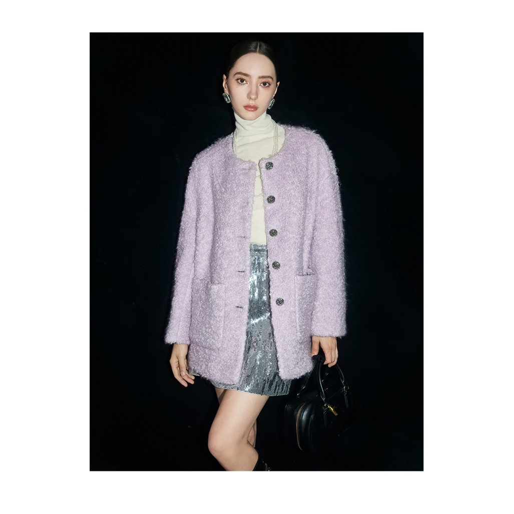 Mandy Zhang法式美丽诺羊毛中长款摇粒绒外套女冬气质围巾上衣