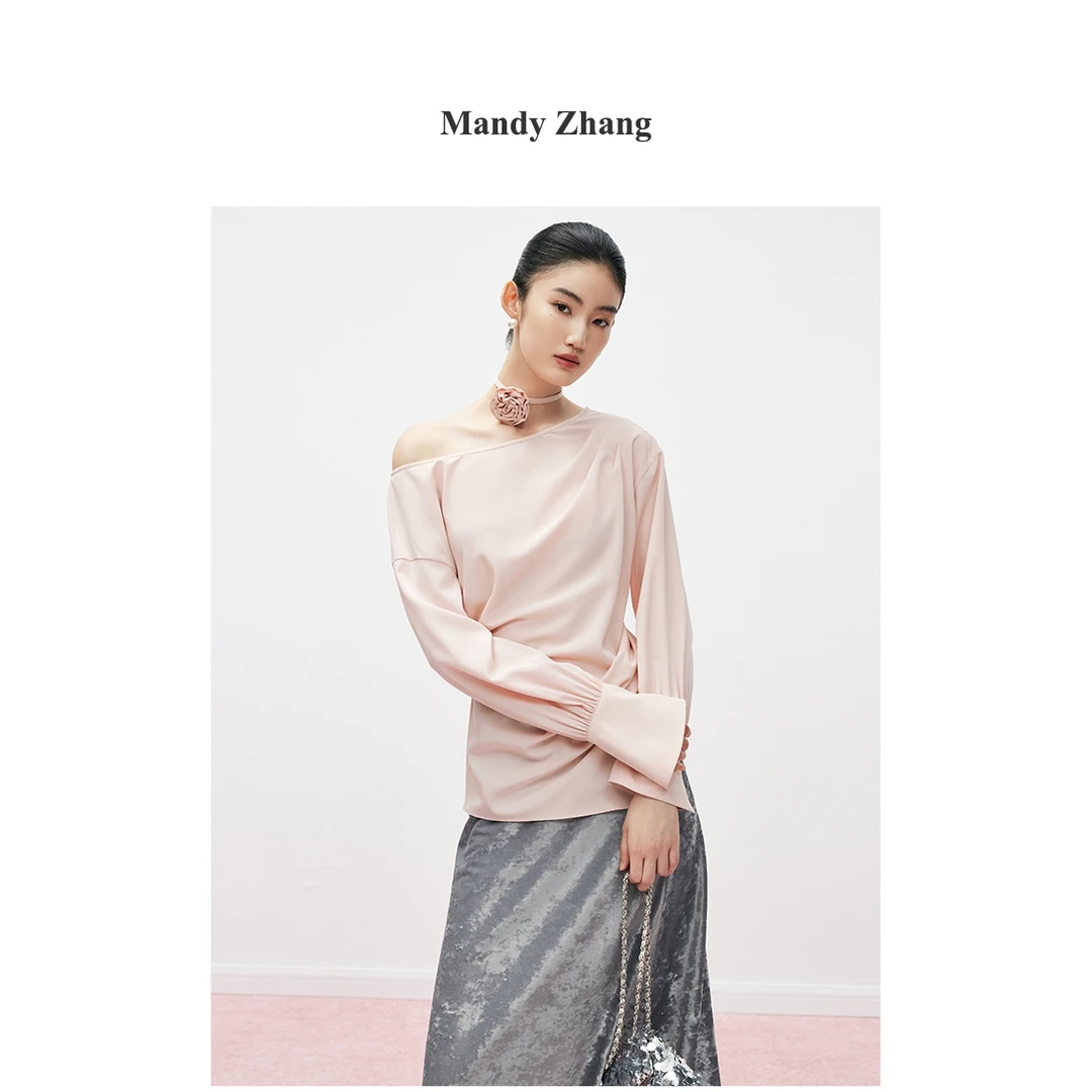 【Mandy Zhang】法式设计感时尚粉色一字领衬衫女春季高级气质显瘦