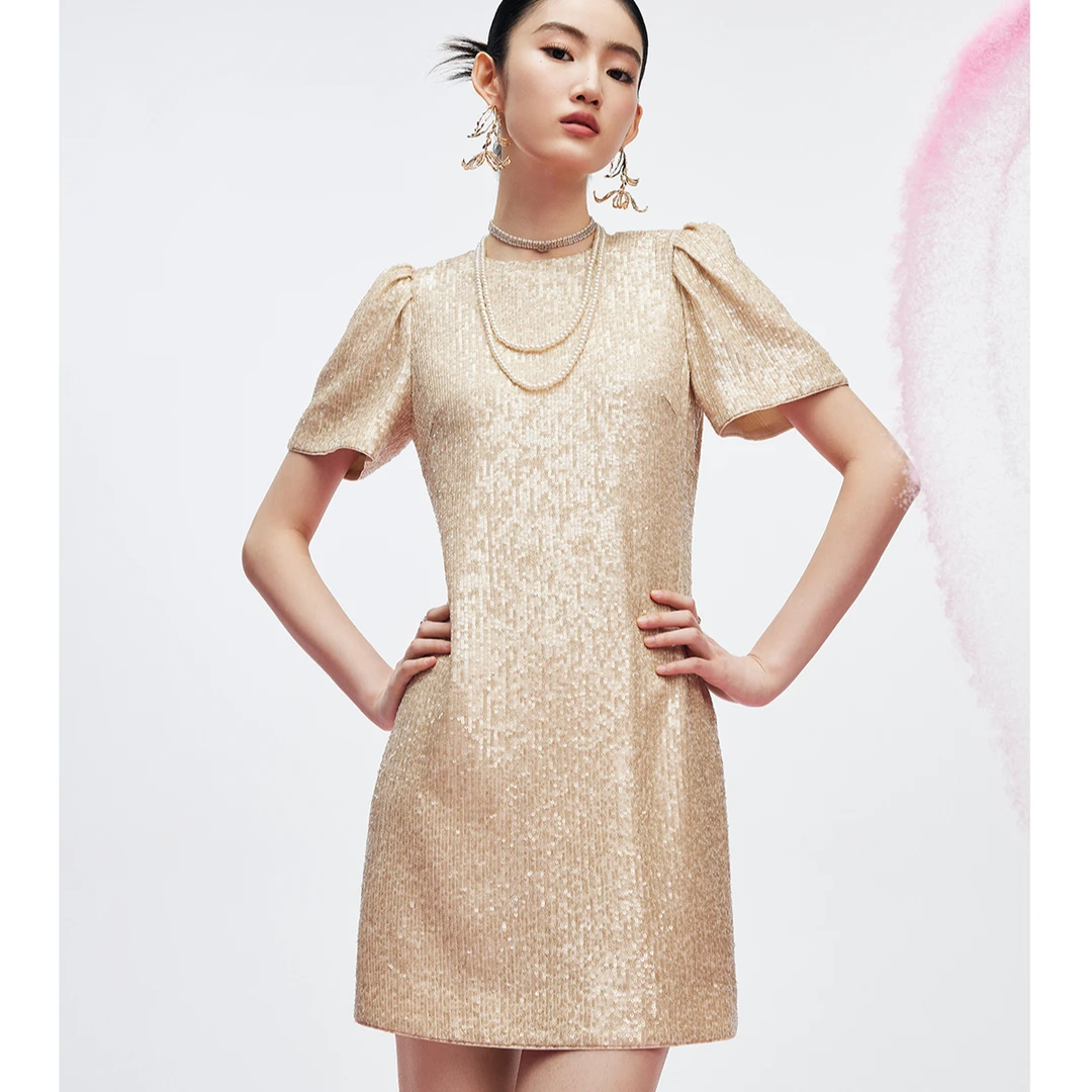 MandyZhang千金风精致微闪亮片连衣裙女夏季新款泡泡袖轻礼服裙子