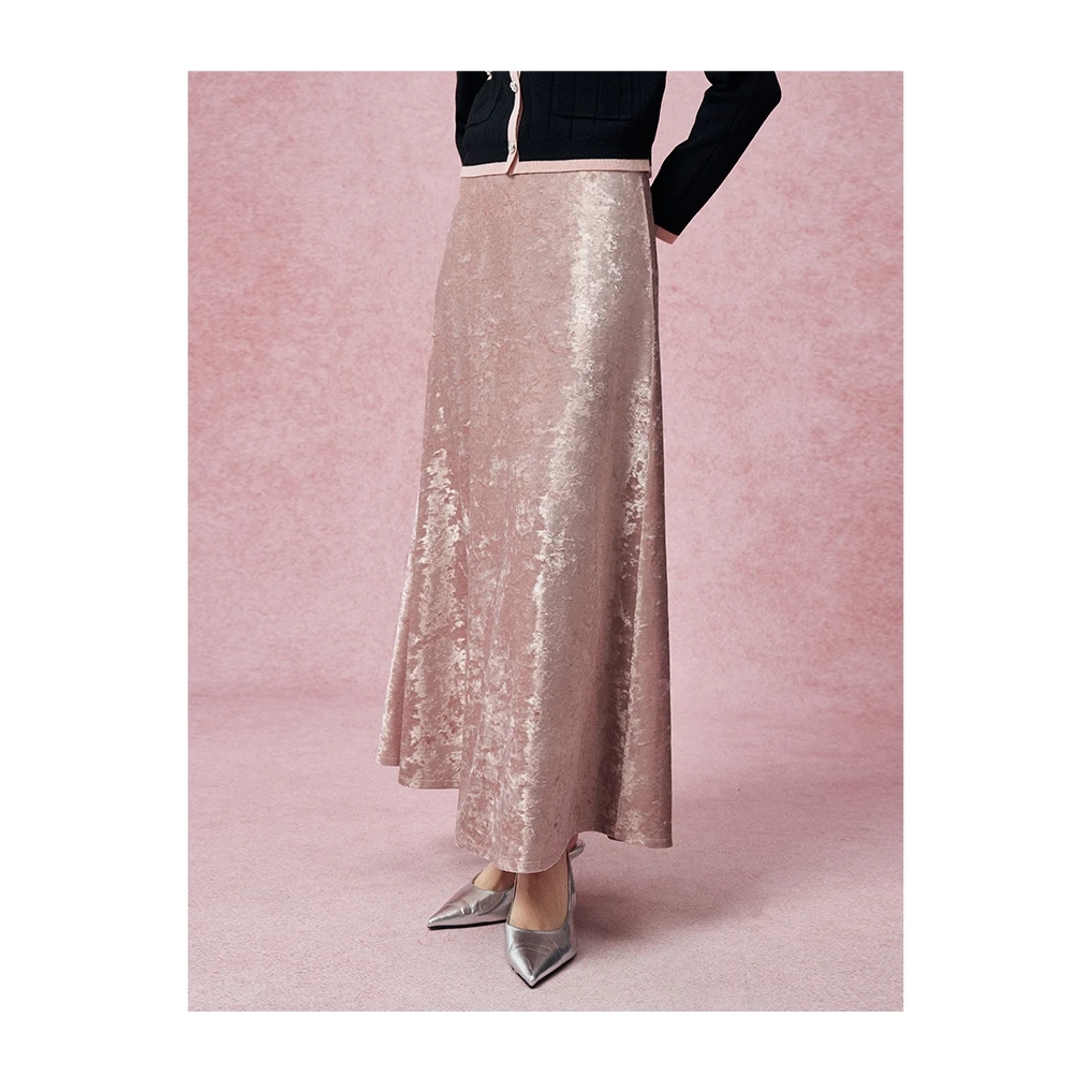 Mandy Zhang法式高级感粉色a字丝绒半身裙女秋冬百搭大摆裙子