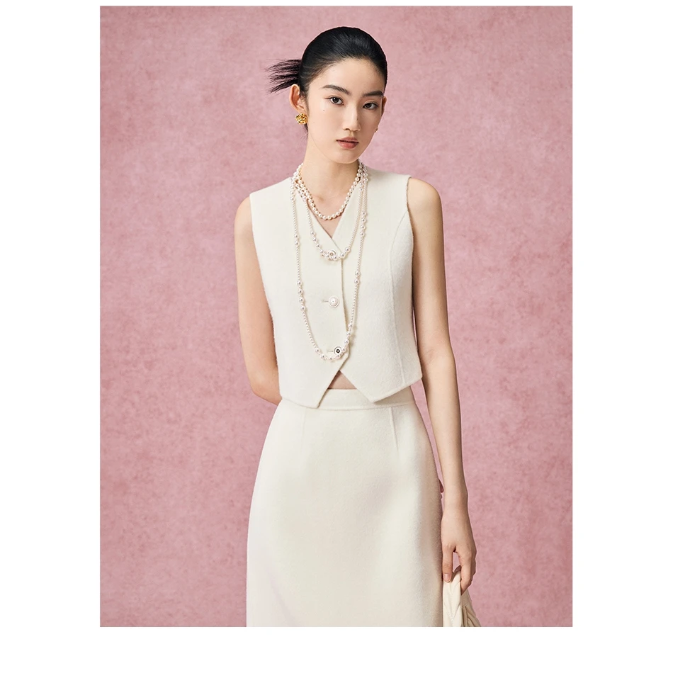 MandyZhang白色绵羊毛双面毛呢西装马甲女短款秋冬气质马夹小上衣