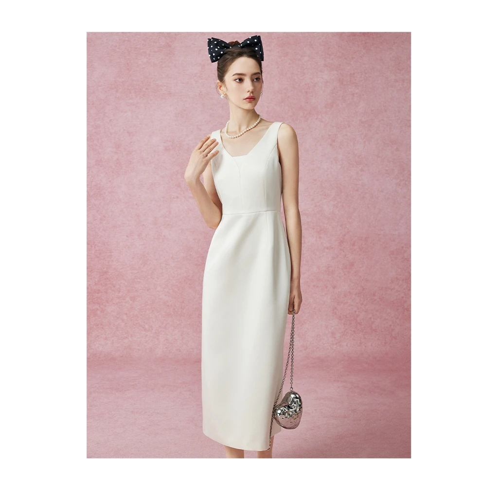 【Mandy Zhang】法式白色赫本风蝴蝶结吊带连衣裙女春秋礼服裙子