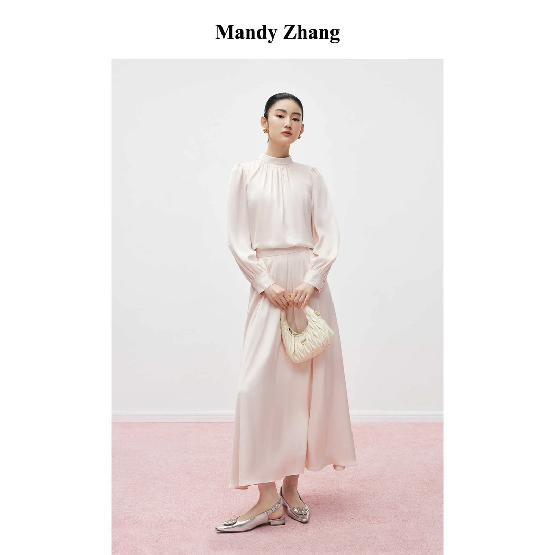 Mandy Zhang法式气质缎面a字半身裙女春秋压褶设计感粉色长款裙