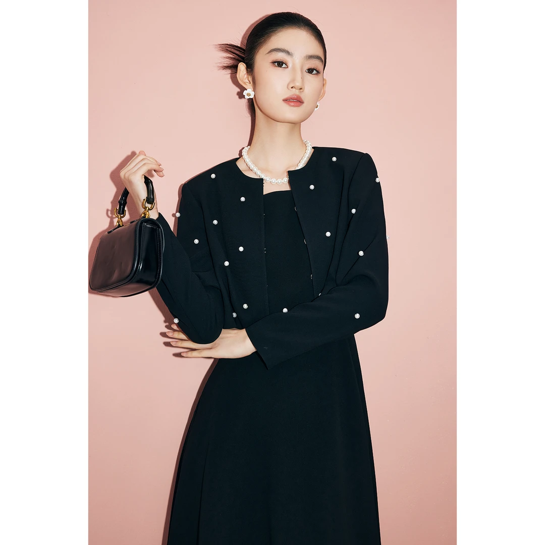 Mandy Zhang法式高级设计感手缝珍珠醋酸短外套女气质黑色上衣