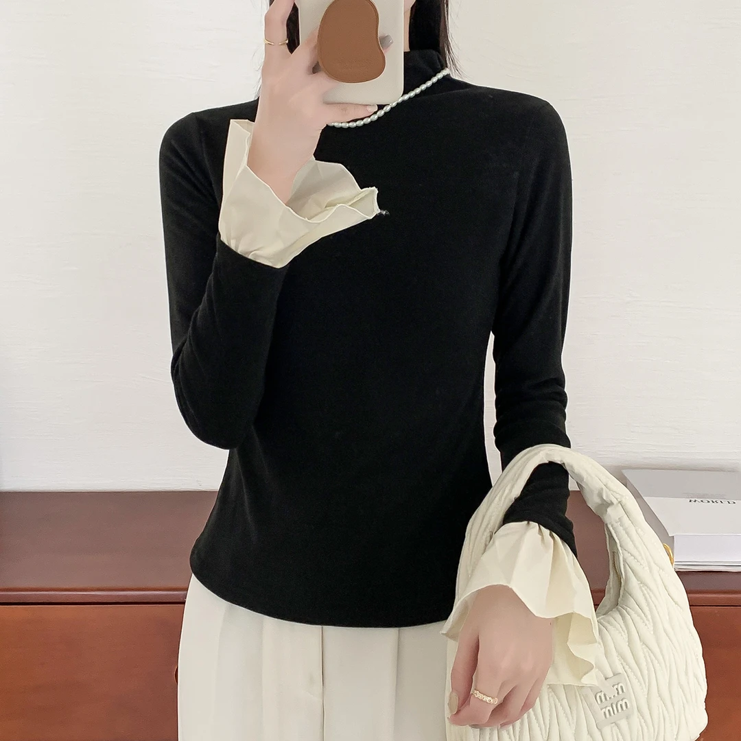 2025年新款黑色半高领打底衫女设计感喇叭袖百搭小众上衣短款T恤