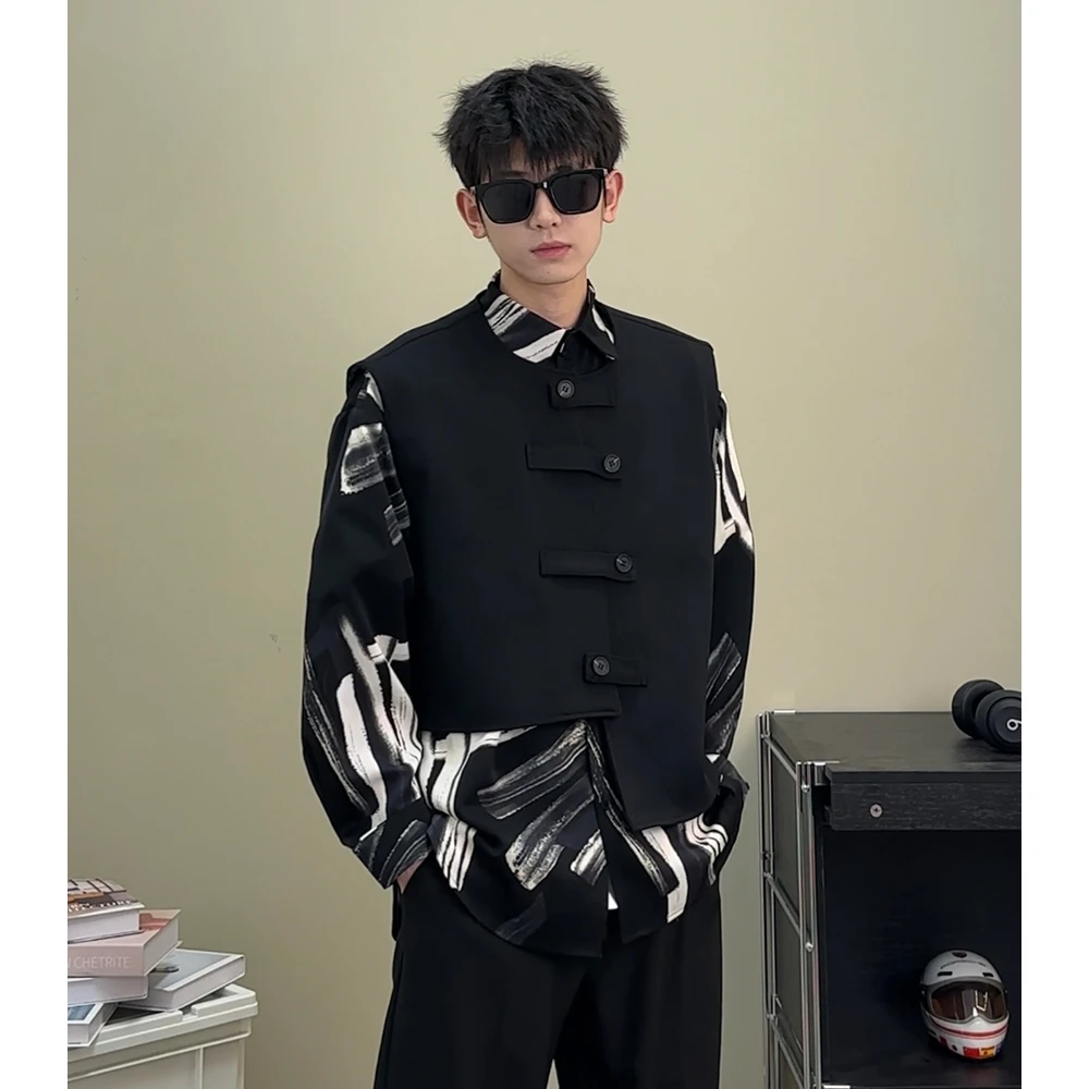 春季黑色衬衫男套装马甲休闲宽松韩版潮流百搭中式痞帅冰丝衬衣