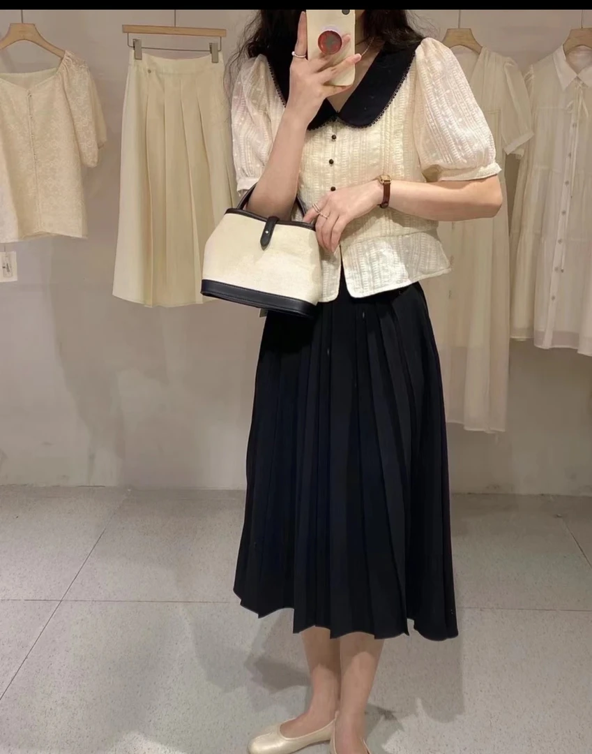 夏季新款黑色花边短袖衬衫