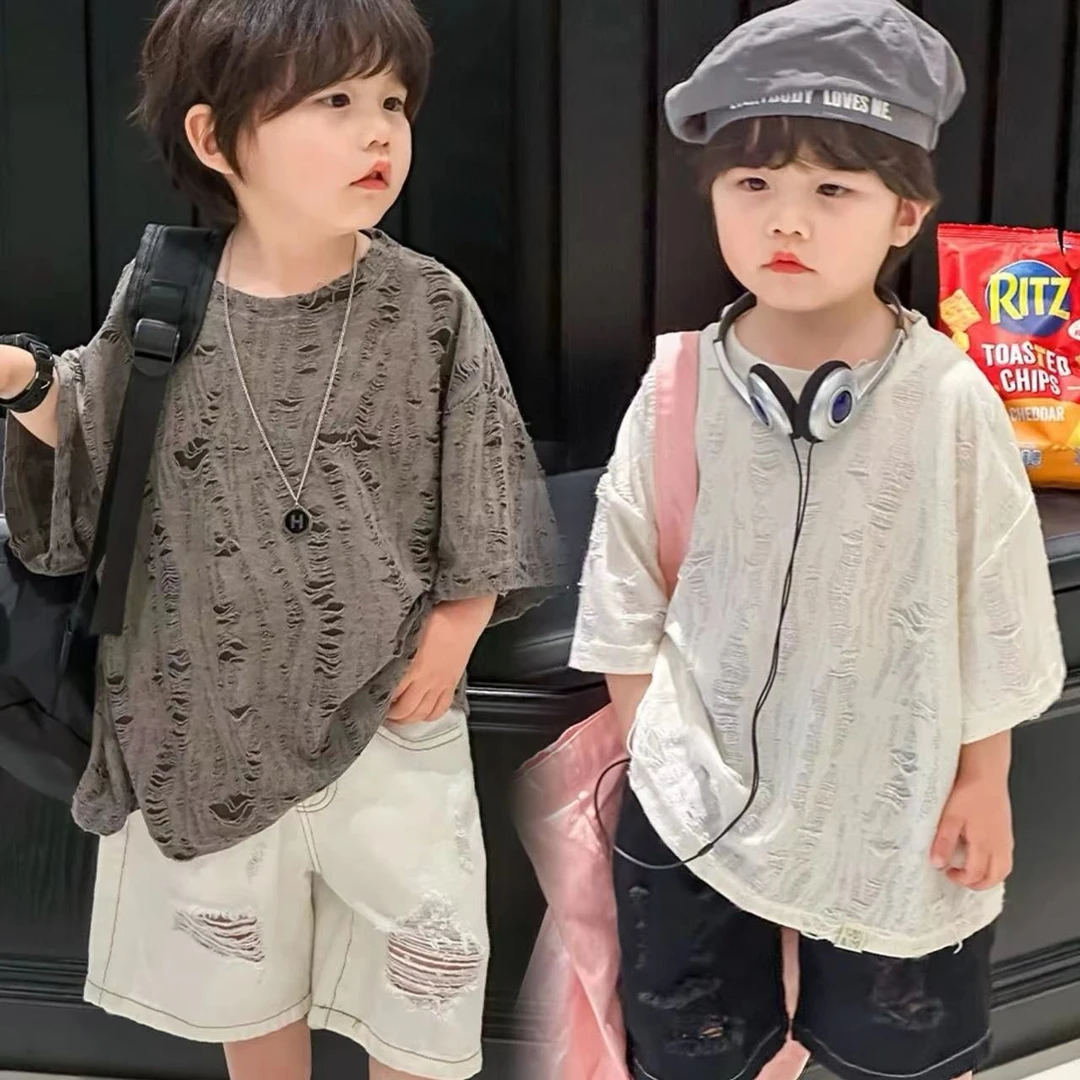2024夏季新款儿童时尚潮版破洞短袖T恤男女童短袖上衣半袖洋气