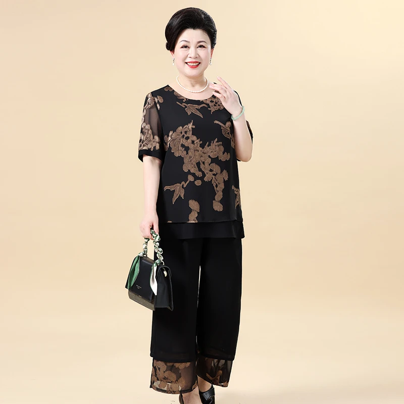 高贵母亲衣服新中式刺绣拼接夏季薄款短袖气质两件套时尚洋气女装