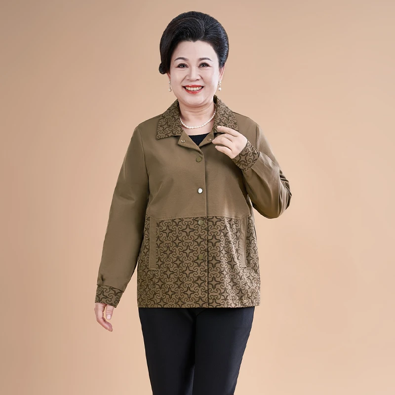 春秋新款翻领印花拼接上衣中老年女装妈妈装排扣口袋款上衣女外套