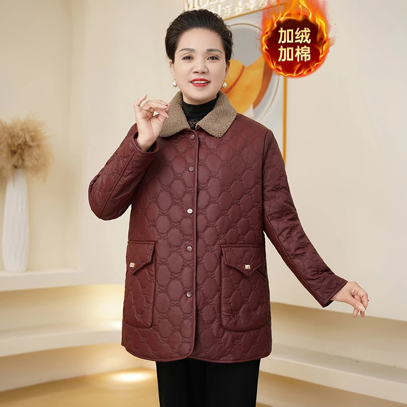 中老年女装妈妈装秋季新中式压花翻领加绒加厚拼接棉服外套宽松女