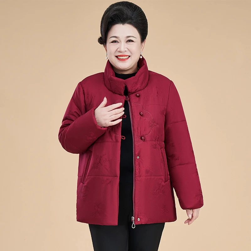中老年秋装女装妈妈装新中式拉链款棉袄三粒扣棉衣暗纹花加绒棉服