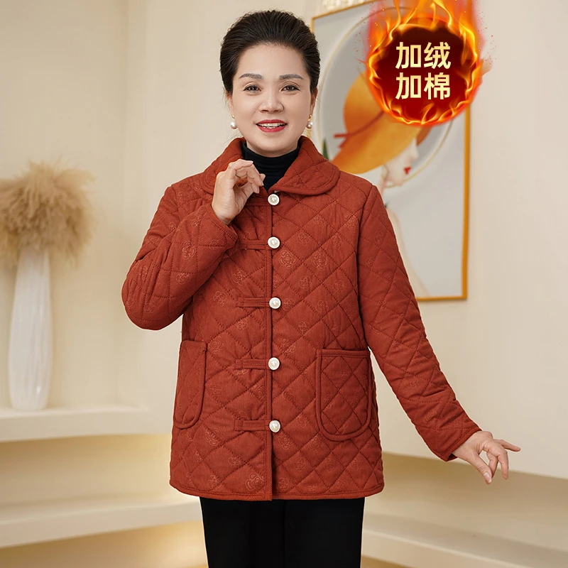 秋冬新款翻领单排扣棉衣印花加绒款棉服上档次加肥大码女装妈妈装