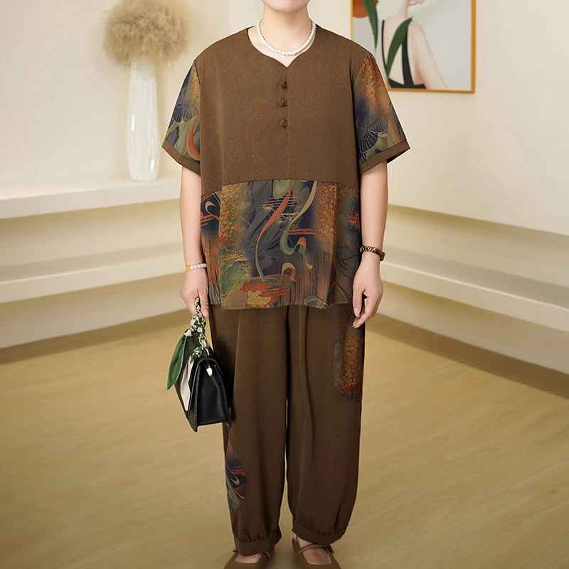 新中式夏季新款气质印花短袖拼接两件套复古套装中老年女装妈妈装