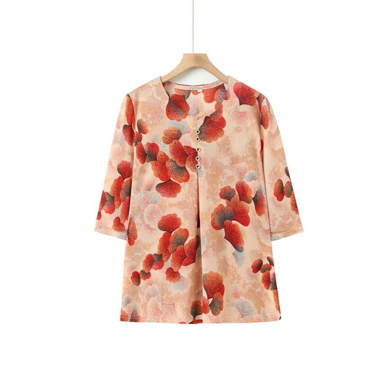 高贵母亲衣服印花圆领洋气T恤衫胖妈妈大码洋气气质上衣妈妈装女