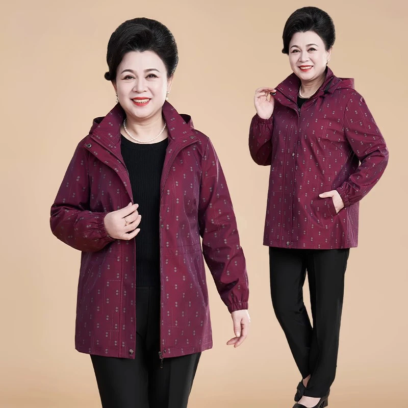 中老年女装妈妈装春秋翻领可拆连帽宽松夹克时尚印花大码风衣女装