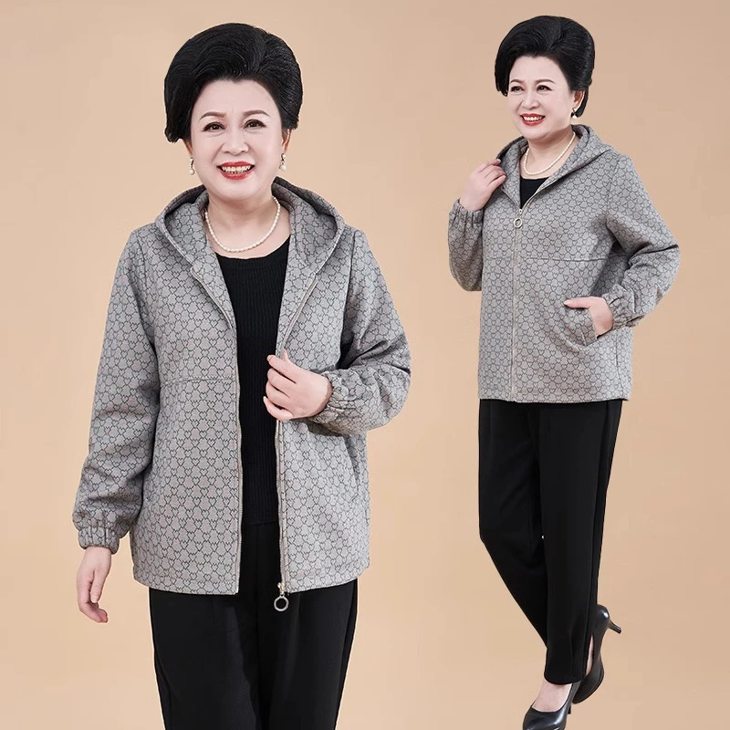 春秋新款时尚大码妈妈装印花拼接连帽外套母亲衣服拉链款休闲上衣