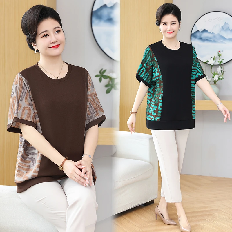 夏季中老年女装妈妈装宽松时尚大码上衣五分袖洋气显瘦薄款T恤衫