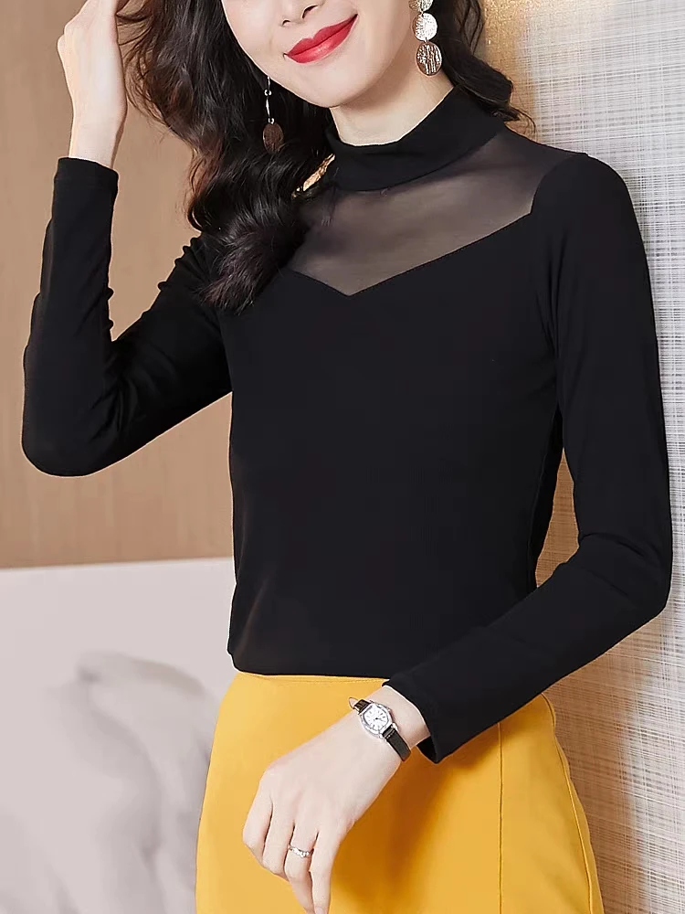 莫代尔螺纹半高领网纱打底衫女2023秋冬加绒加厚内搭性感长袖百搭